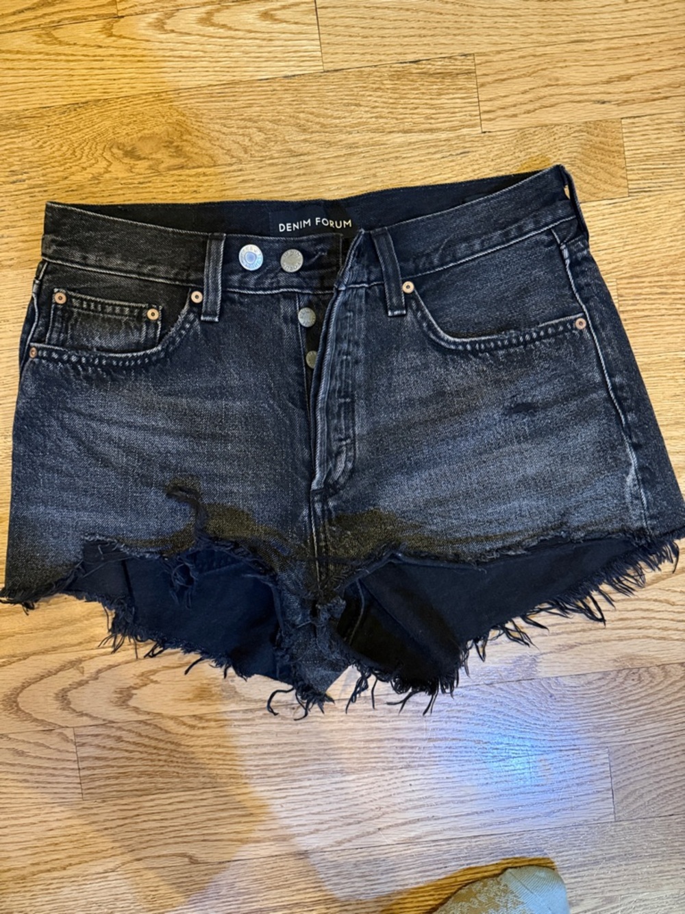 Denim Forum Black Distressed Frayed Hem High-Rise Jean Shorts